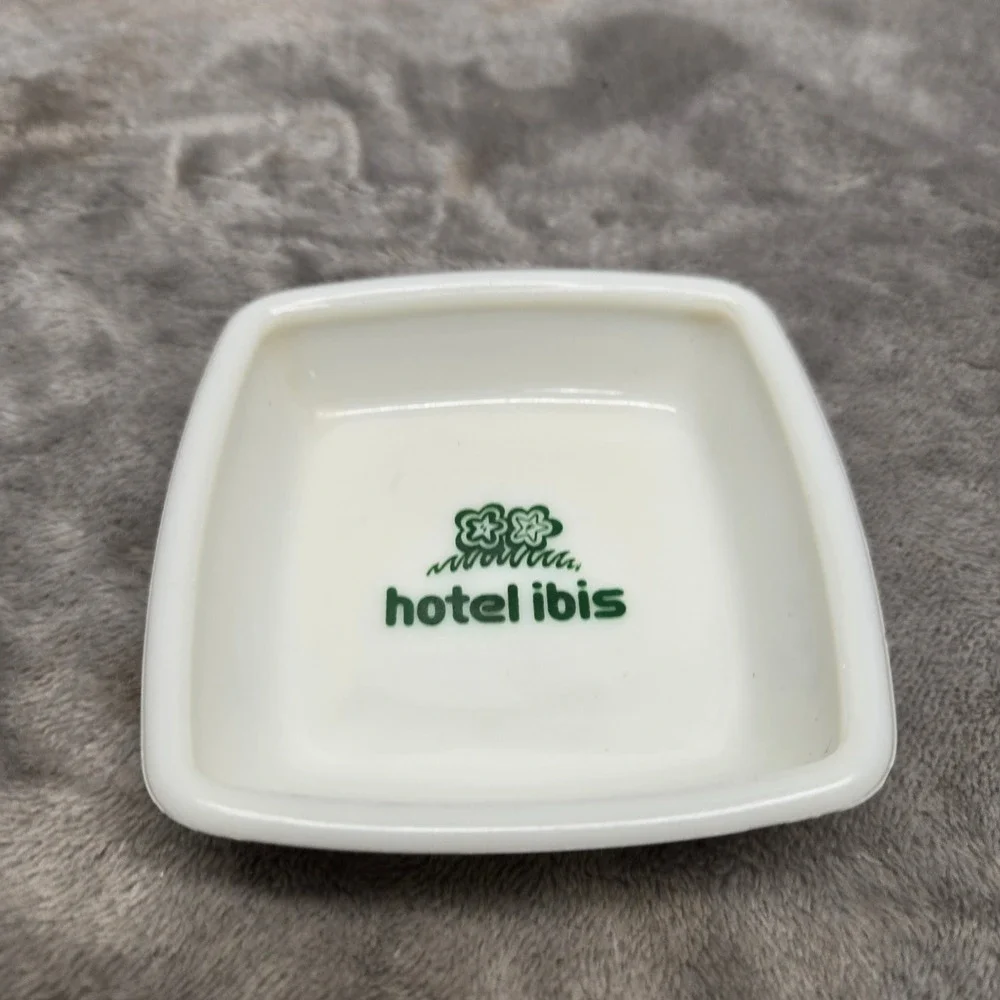 Vintage Hotel Ibis White Ceramic Square Trinket Dish Green Logo Memorabilia